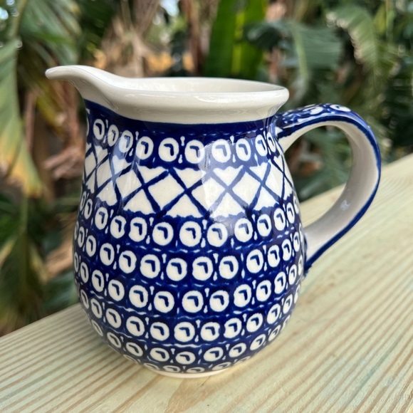 Handmade Polish Pottery Small Serving Pitcher - Bolesławiec, Blue Pattern, 5” - Picture 7 of 10